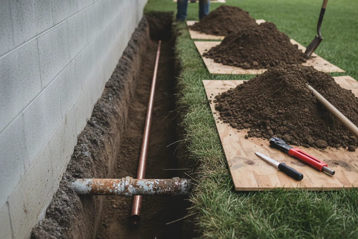 Excavated water line trench during Sewer Line Repair in Wilmington
